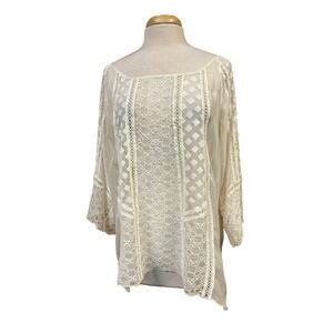 NWT 4‎ Love and Liberty Lace & Sheer Tunic Top Ivory Silk Elbow Sleeves SZ L